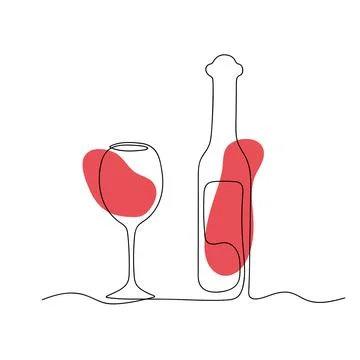Continuous line art wine bottle and glass of red wine. Stock Illustration