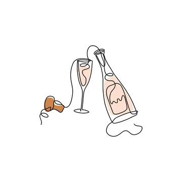 Continuous line art wine bottle, glass and cork Stock Illustration