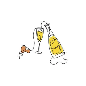 Continuous line art wine bottle, glass and cork Stock Illustration