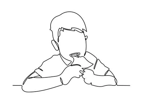 Continuous line of Asian boy is happy to eat pizza with a hot cheese melt Stock Illustration