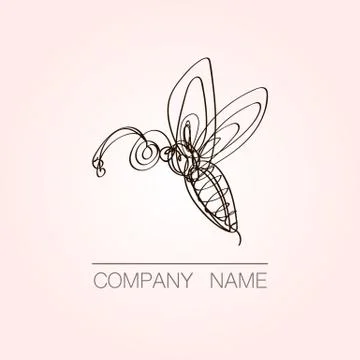 Continuous line bee logo design. Hand drawn vector emblem. Stock Illustration