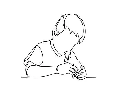 Continuous line of boy sitting and playing happily to plastic construction Stock Illustration