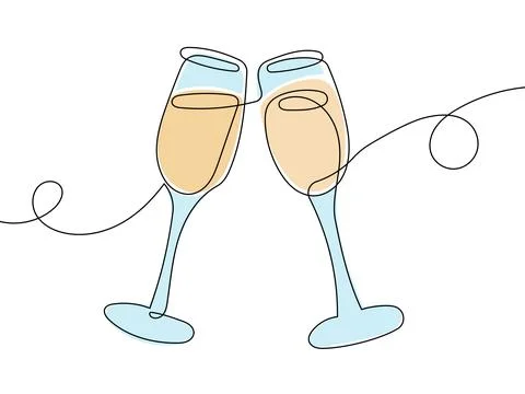 Continuous line champagne cheers one line art, continuous drawing Stock Illustration