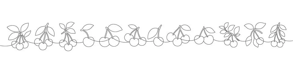 Continuous line cherry border seamless illustration. Minimal one line fruit Stock Illustration
