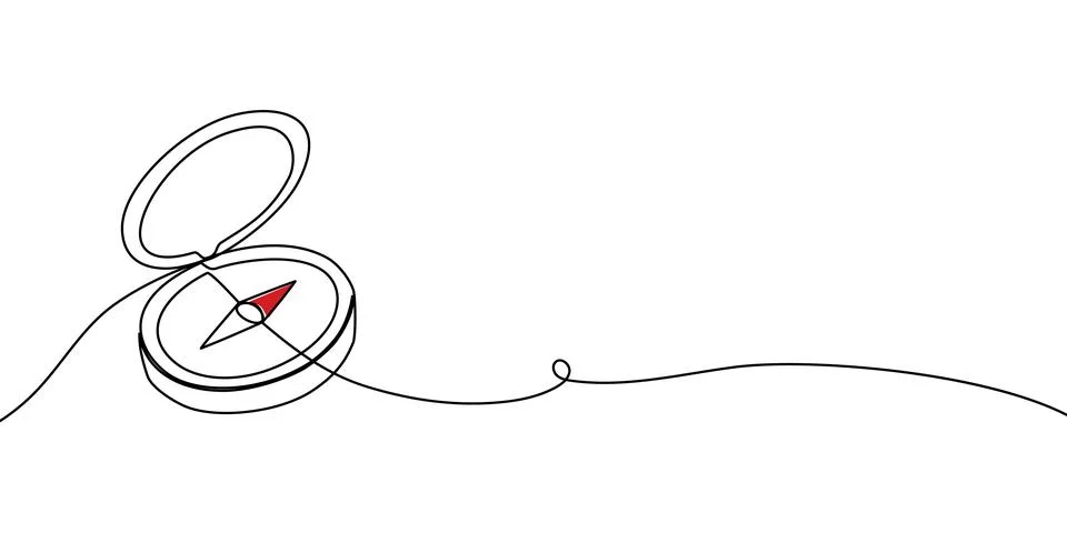 Continuous line compass illustration with adventure travel map. Hand-drawn Stock Illustration