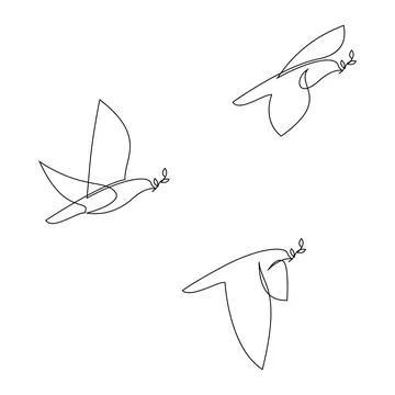 Continuous line concept sketch drawing of dove birds with olive branches. Vector Stock Illustration