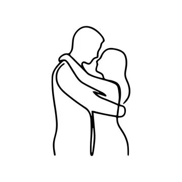 Continuous line of a couple embracing and hugging, simple black outline on .. Stock Illustration