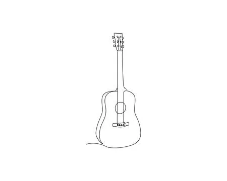 A continuous line drawing of an acoustic guitar is depicted. Stock Illustration