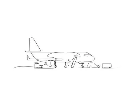 Continuous line drawing of an airplane on a runway Stock Illustration