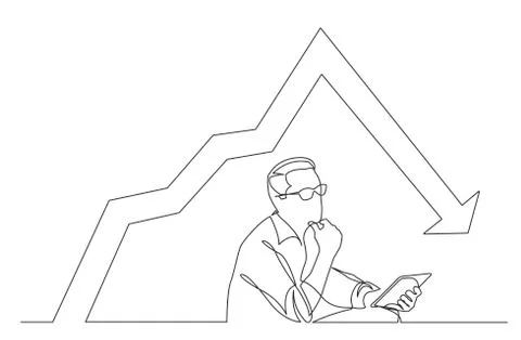 Continuous line drawing of analyzing businessman with decreasing graph 库存插图