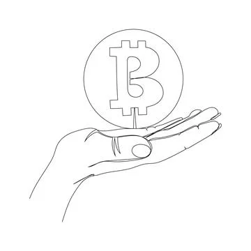Continuous line drawing bitcoin in hand. For the design of materials, social  Stock Illustration