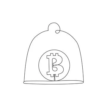 Continuous line drawing, bitcoin under glass dome vector illustration. Safe m Stock Illustration
