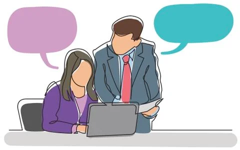 Continuous line drawing of boss and employee discussing work task 스톡 일러스트