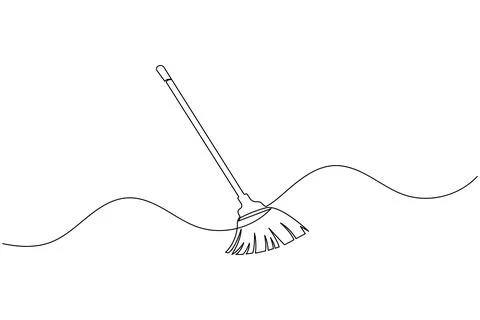 Continuous line drawing of broom cleaner tool minimalist home cleaning equi.. Illustrazione stock