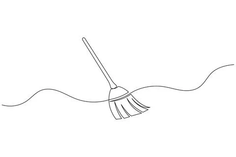 Continuous line drawing of broom cleaner tool minimalist home cleaning equi.. Illustrazione stock