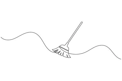 Continuous line drawing of broom cleaner tool minimalist home cleaning equi.. Illustrazione stock