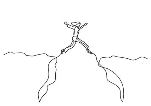 Continuous line drawing of business concept - woman jumping over canyon Ilustração Stock
