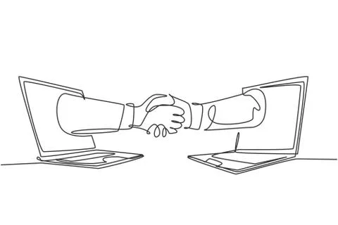 Continuous line drawing of business men shaking hand to deal a project Stock Illustration