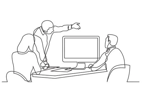Continuous line drawing of business team members discussing work process on b Stock Illustration