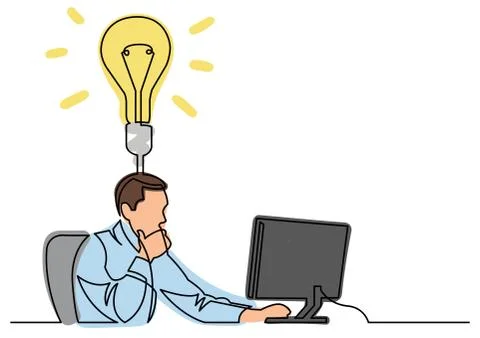 Continuous line drawing of businessman working behind computer on idea Stock Illustration