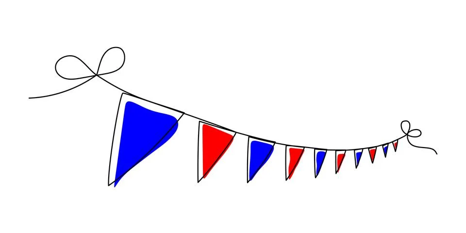Continuous line drawing captures party bunting with decorative pennants. Single Stock Illustration