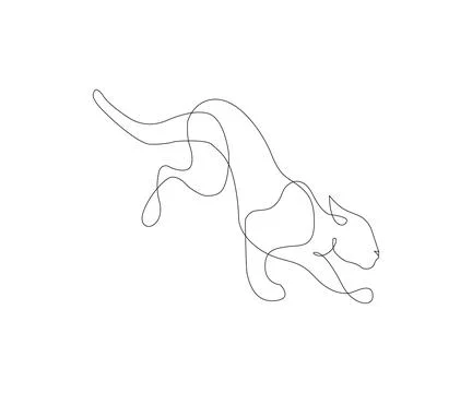 Continuous line drawing of a cat mid-leap, showcasing fluid Ilustración de archivo