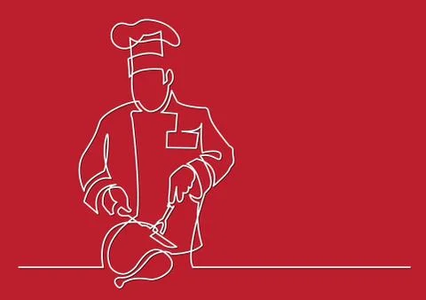 Continuous line drawing of chef cutting turkey Stock Illustration
