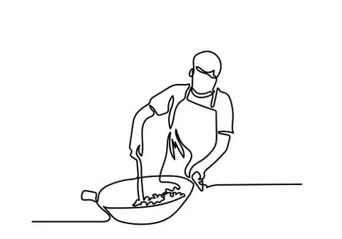 Continuous line drawing of chef prepares food in the kitchen Stock Illustration