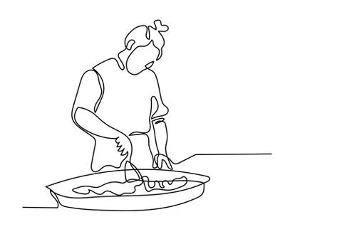 Continuous line drawing of chef prepares food in the kitchen Stock Illustration