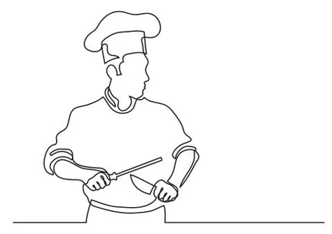 Continuous line drawing of chef sharpening knife Stock Illustration