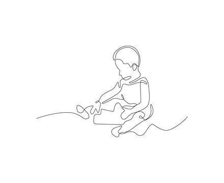 Continuous line drawing of a child sitting and playing. Stock Illustration