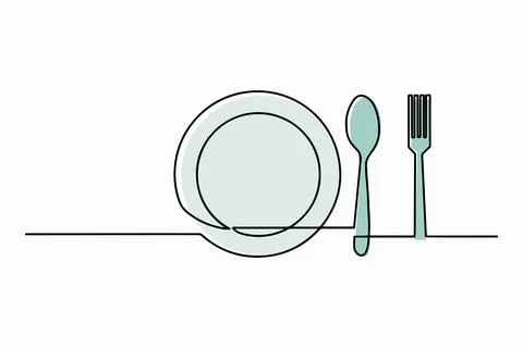 Continuous line drawing of clean plate, spoon, fork. One line art concept for Stock Illustration