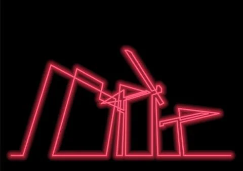 Continuous line drawing of construction buildings with cranes with neon vecto Ilustración de archivo