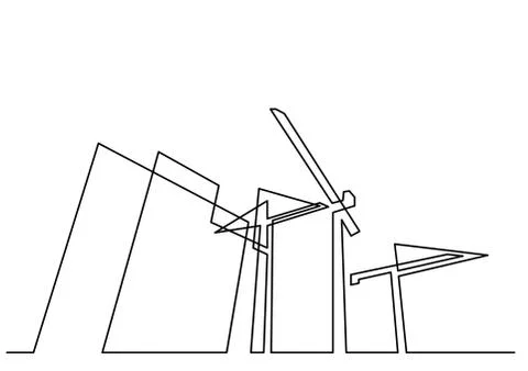 Continuous line drawing of construction buildings with cranes Ilustración de archivo
