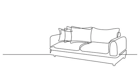 Continuous line drawing of couch sofa with cushions 库存插图
