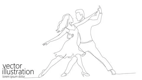 Continuous line drawing couple dancing. Woman wears dress man wears pants. Dance Stock Illustration
