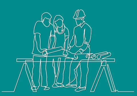 Continuous line drawing of - couple discussing construction plan with develop Stock Illustration