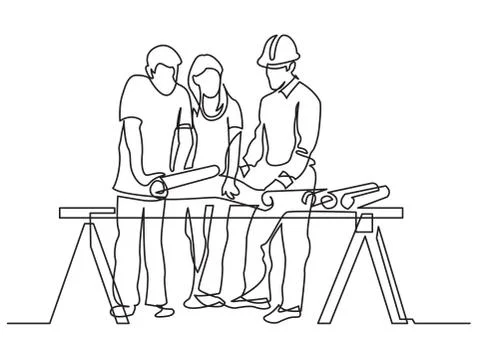 Continuous line drawing of - couple discussing construction plan with develop Stock Illustration