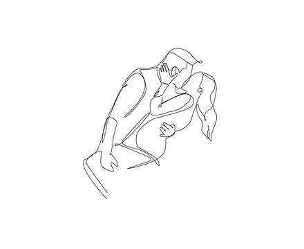 Continuous line drawing depicts a couple engaged in an intimate embrace. Stock Illustration