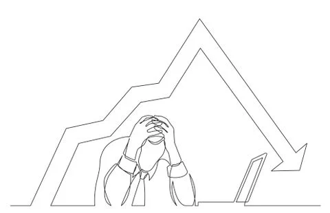 Continuous line drawing of depressed man on white background with decreasing  库存插图