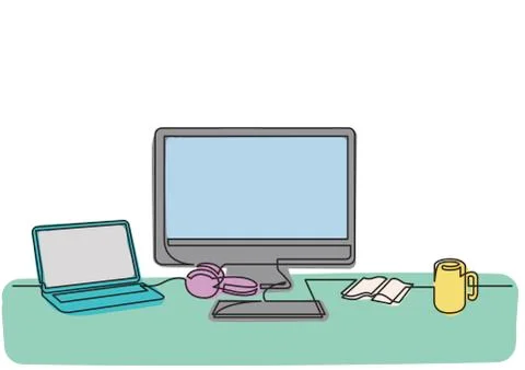 Continuous line drawing of desktop computer laptop and mug Illustrazione stock