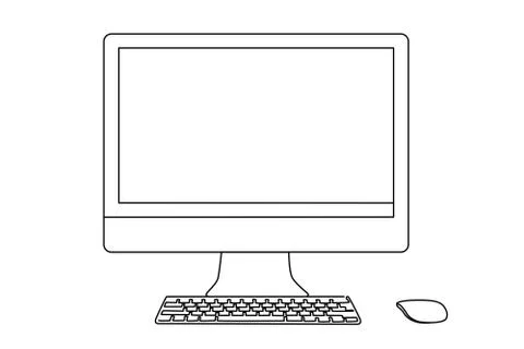 Continuous line drawing of a desktop, keyboard and mouse. Illustrazione stock