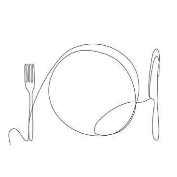 Continuous Line Drawing dish with spoon and knife, top view. Trendy one line  Stock Illustration