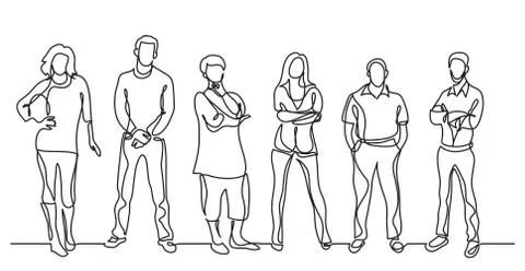 Continuous line drawing of diverse crowd of standing people Stock Illustration