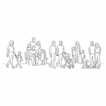 Continuous line drawing of diverse happy families and people walking togeth.. Stock Illustration