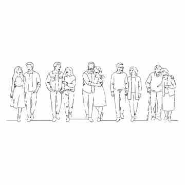 Continuous line drawing diverse people group, couples, and friends walking .. Иллюстрация