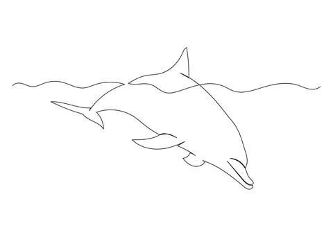 Continuous line drawing of dolphin with the ocean. Minimalism art. Illustrazione stock