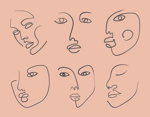 Continuous line, drawing of doodle faces Stock Illustration