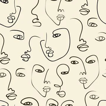 Continuous line, drawing of faces seamless pattern Stock Illustration