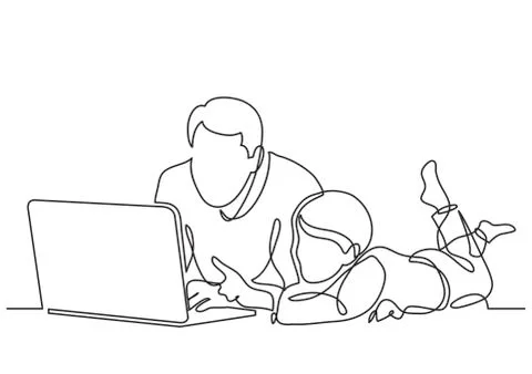 Continuous line drawing of father and child watching laptop computer Stock Illustration